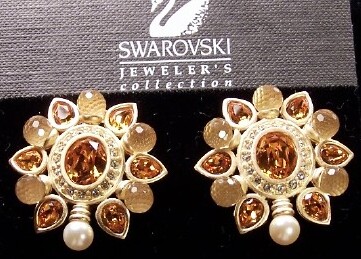 SJ73 Swarovski topaz rhinestone clip earrings